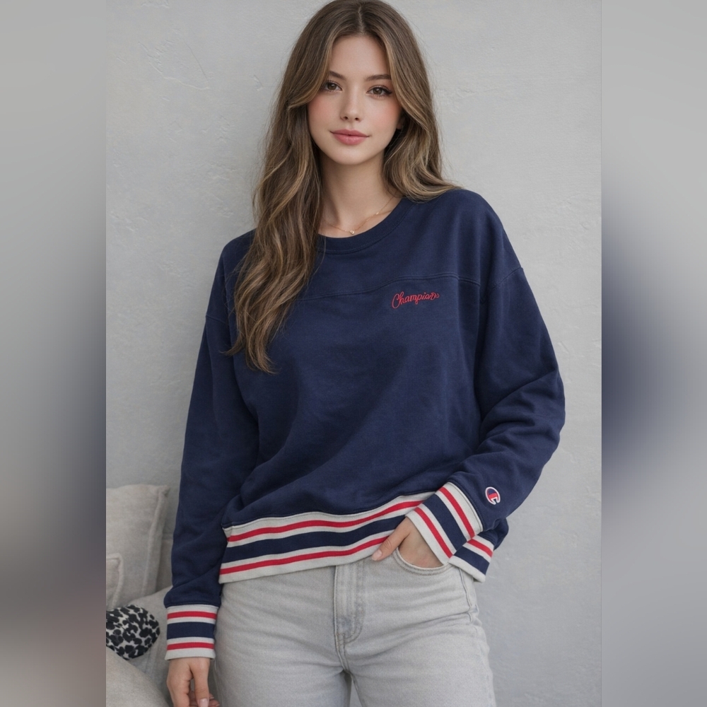 Champion Navy Pullover Sweatshirt with Red & White Stripe Trim